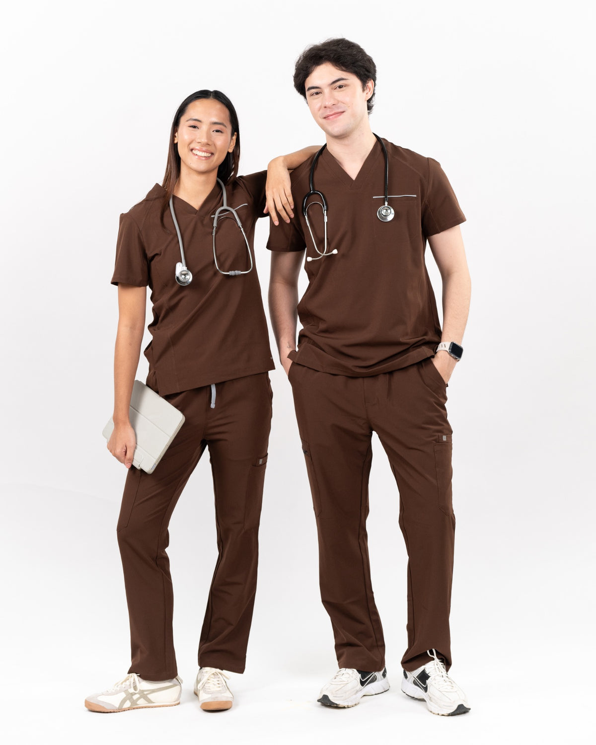 Elite scrub set in Dark Mocha on two models